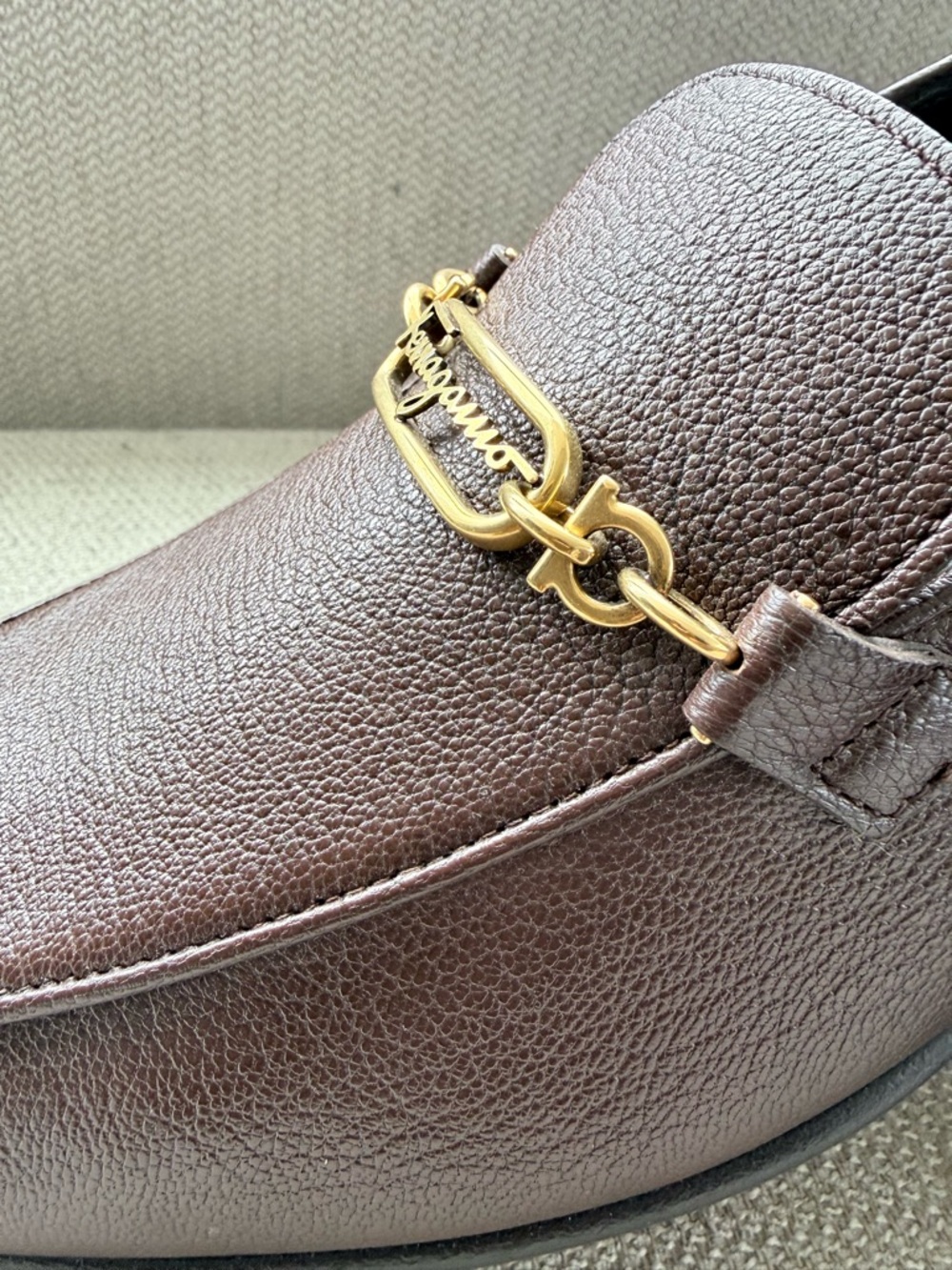 Salvatore Ferragamo Dark Brown Pebbled Leather Bit Loafer with Gold Hardware